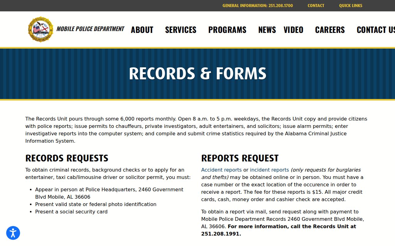 Mobile criminal history records and forms at Mobile Police Department