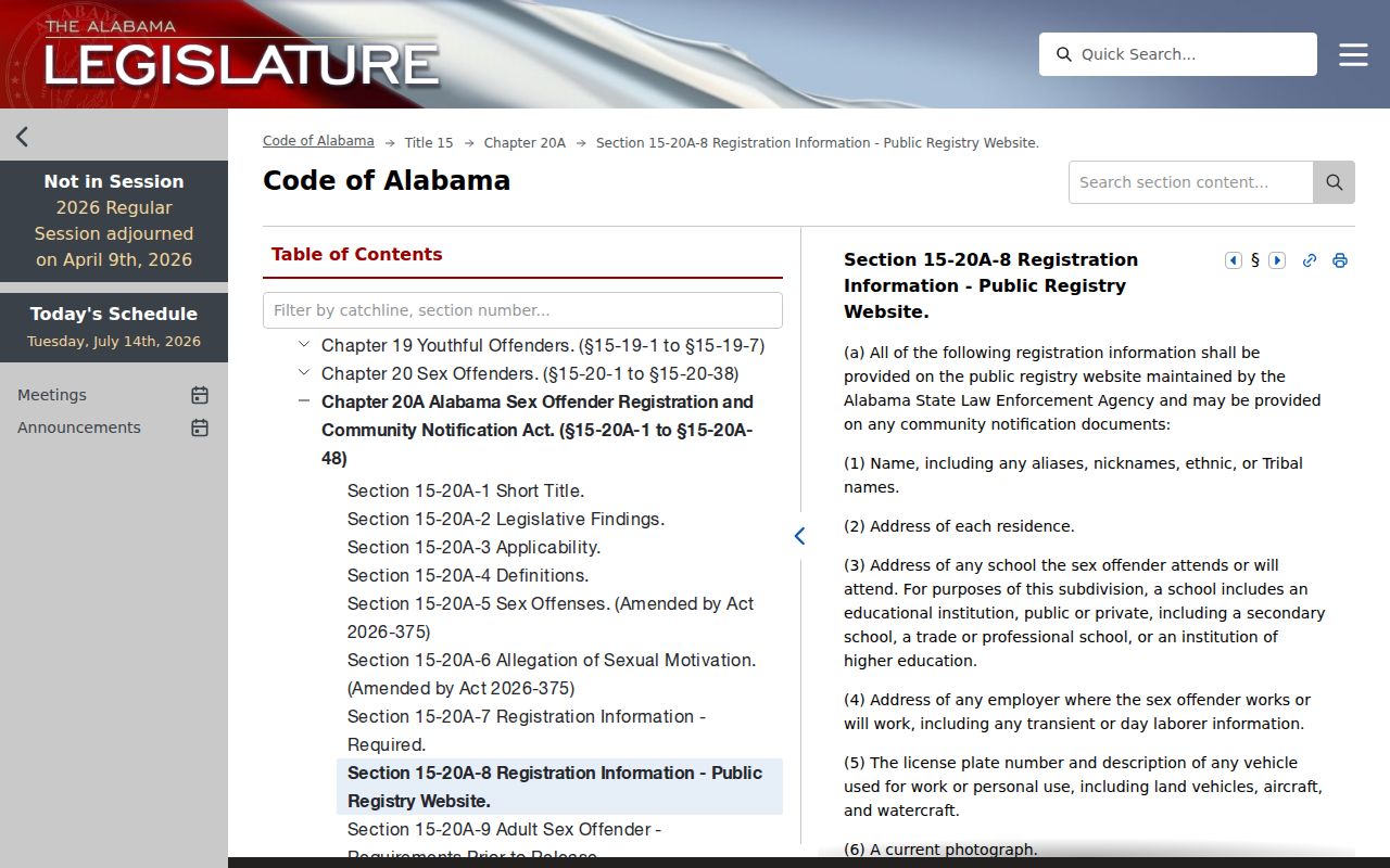 Alabama statute governing Mobile County sex offender registry profiles